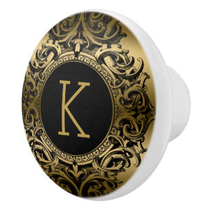 Bouton De Porte En Céramique Élégant ornement floral noir et or