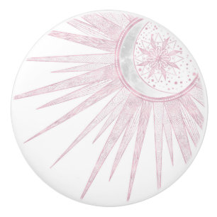 Bouton De Porte En Céramique Elegant Pink Sun Moon Doodle Mandala White Design