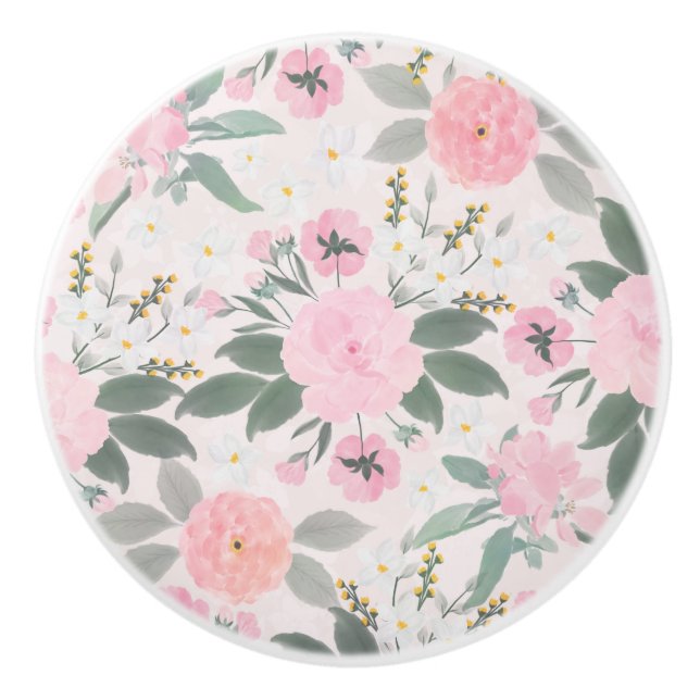 Bouton De Porte En Céramique Elégant rose floral aquarelle peinture (Devant)
