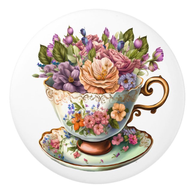 Bouton De Porte En Céramique Elégant Teacup Floral (Devant)
