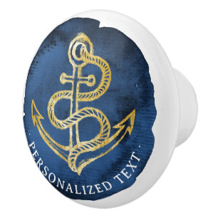 Bouton De Porte En Céramique Elégante Ancre aquarelle Nom nautique Marine Bleu