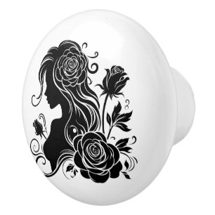 Bouton De Porte En Céramique Elégante dame aux fleurs artisanales