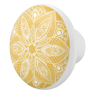 Bouton De Porte En Céramique Elégante Dentelle Florale Jaune Et Blanc