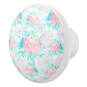 Bouton De Porte En Céramique Élégante Fleurs Roses Bleues Florales