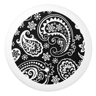 Bouton De Porte En Céramique Elégante Paisley Florale Noire Et Blanc