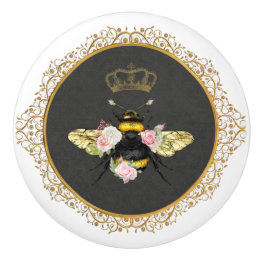 Bouton De Porte En Céramique Elégante Reine Abeille rose Roses Gris Or