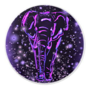 Bouton De Porte En Céramique Eléphant Rose Violet Neon Marchant La Nuit étoilée