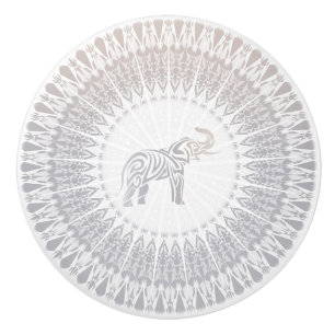 Bouton De Porte En Céramique Eléphant Taupe Beige Mandala Moderne