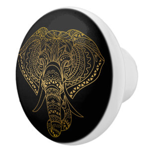 Bouton De Porte En Céramique Eléphant tribal d'or noir Boho