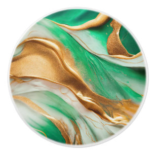 Bouton De Porte En Céramique Emerald Jade Green et Gold Abstrait Art