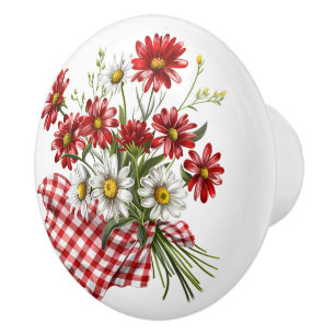 Bouton De Porte En Céramique En vichy rouge avec bouquet de fleurs rouges et bl