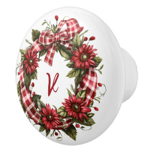 Bouton De Porte En Céramique En vichy rouge Floral Wreath Initial