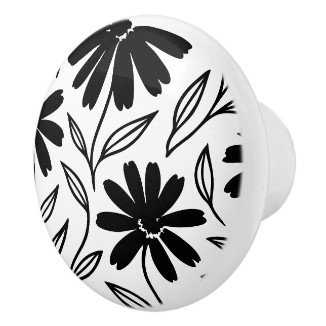 Bouton De Porte En Céramique Encre noire marguerites blanc bohème (Droite)