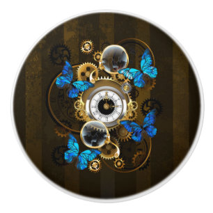 Bouton De Porte En Céramique Engrenages à vapeur et papillons bleus