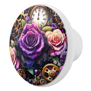 Bouton De Porte En Céramique Engrenages et fleurs Steampunk en violet et or