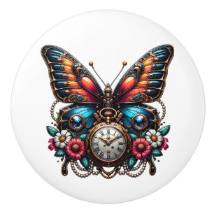 Bouton De Porte En Céramique Engrenages Steampunk, Fleurs et Papillon 