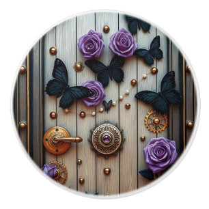Bouton De Porte En Céramique Engrenages Steampunk, Fleurs et Papillons