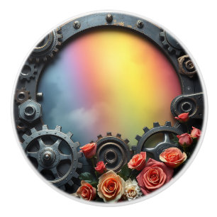 Bouton De Porte En Céramique Engrenages Steampunk, Roses et Arc-en-ciel