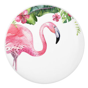 Bouton De Porte En Céramique Été tropical d'île de ketmie de Flamant rose rose