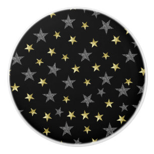 Bouton De Porte En Céramique Etoiles d'argent et d'or Black Hollywood Star Glam