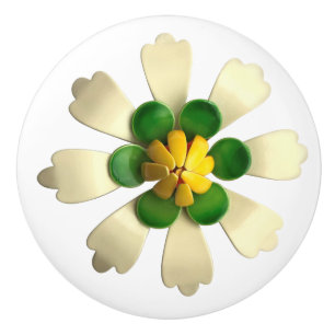 Bouton De Porte En Céramique Exotique Tropique Hippie Fleur Blanc Vert