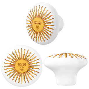 Bouton De Porte En Céramique Face céleste jaune soleil sur blanc Élégant