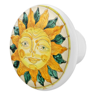 Bouton De Porte En Céramique Face Soleil avec Feuilles et rayons Joyeux soleil
