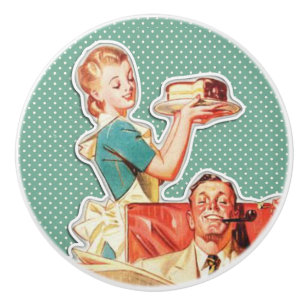 Bouton De Porte En Céramique Famille nucléaire Vintage des années 1950, femme