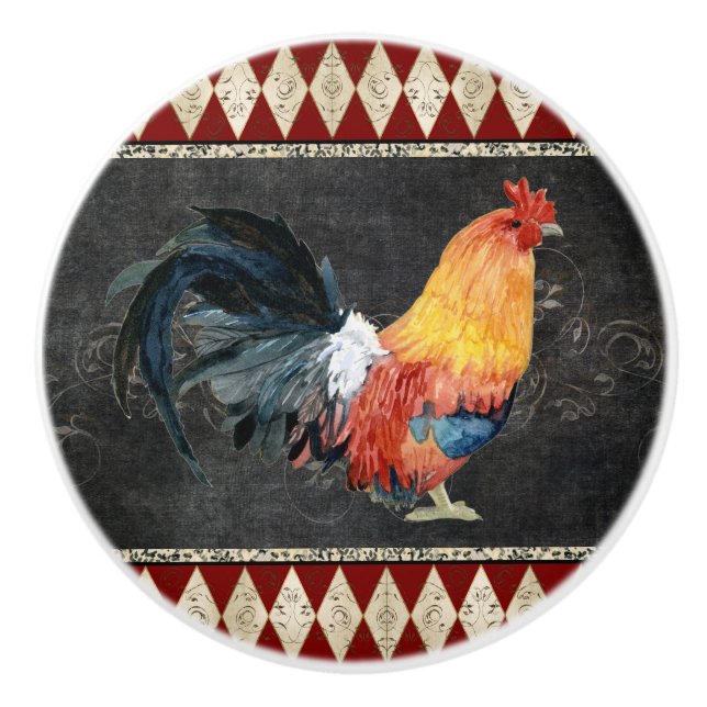 Bouton De Porte En Céramique Farmhouse Cuisine Rooster Rouge or bleu Chalkboard (Devant)