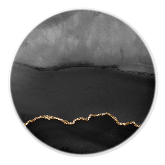 Bouton De Porte En Céramique Faux Gris Marbré Agate Parties scintillant dorée P (Devant)