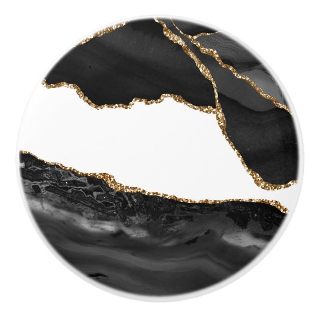 Bouton De Porte En Céramique Faux Marblé Agate Black Stone Luxe (Devant)