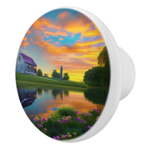 Bouton De Porte En Céramique Ferme Purple Roof Pond à Sunrise