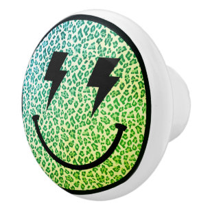Bouton De Porte En Céramique Feu de foudre yeux vert léopard sourire visage