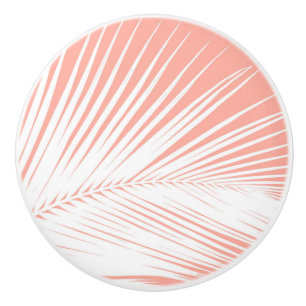 Bouton De Porte En Céramique Feuille de palme - blanc sur le rose corail