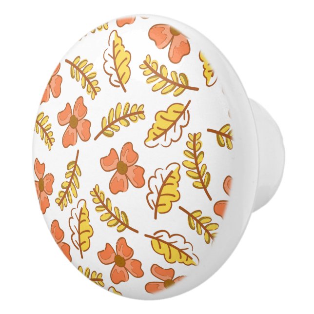 Bouton De Porte En Céramique Feuilles d'automne en chute chaude avec fleurs (Droite)