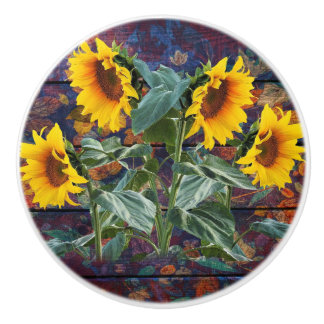 Bouton De Porte En Céramique Feuilles d'automne rustiques et tournesols