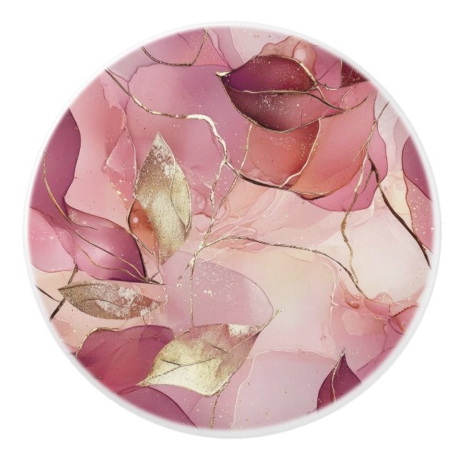 Bouton De Porte En Céramique Feuilles d'or rose (Devant)