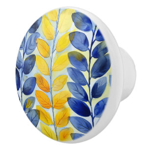 Bouton De Porte En Céramique Feuilles jaune et bleu
