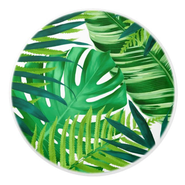 Bouton De Porte En Céramique Feuilles verts tropicaux (Devant)