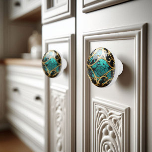 Bouton De Porte En Céramique Filigree or ornemental Marbre noir Turquoise