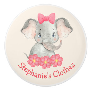 Bouton De Porte En Céramique Fille Eléphant Aquarelle personnalisée Enfants r
