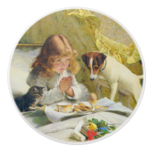 Bouton De Porte En Céramique Fille Vintage priant avec l'art de chat et de chie