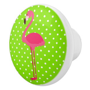 Bouton De Porte En Céramique Flamant rose à points rose et vert Polka