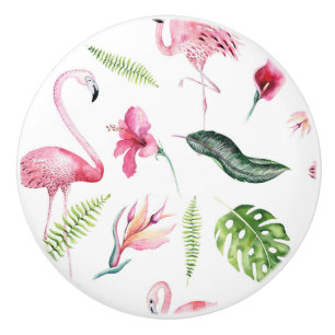 Bouton De Porte En Céramique Flamant rose Tropique Ile d'été Hibiscus chic rose