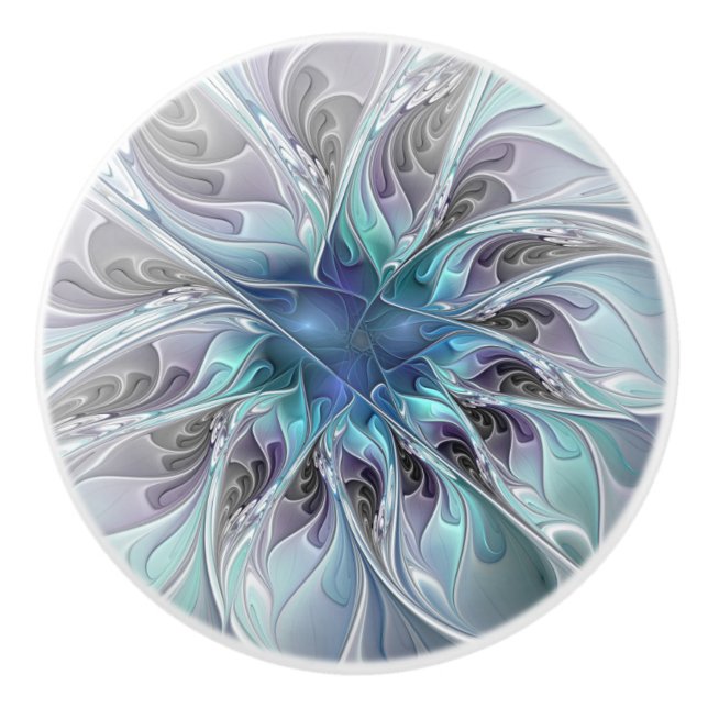 Bouton De Porte En Céramique Fleur Abstraite Fractale Moderne Avec Bleu (Devant)
