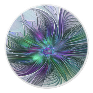 Bouton De Porte En Céramique Fleur Abstraite Moderne Fractale Verte Violette