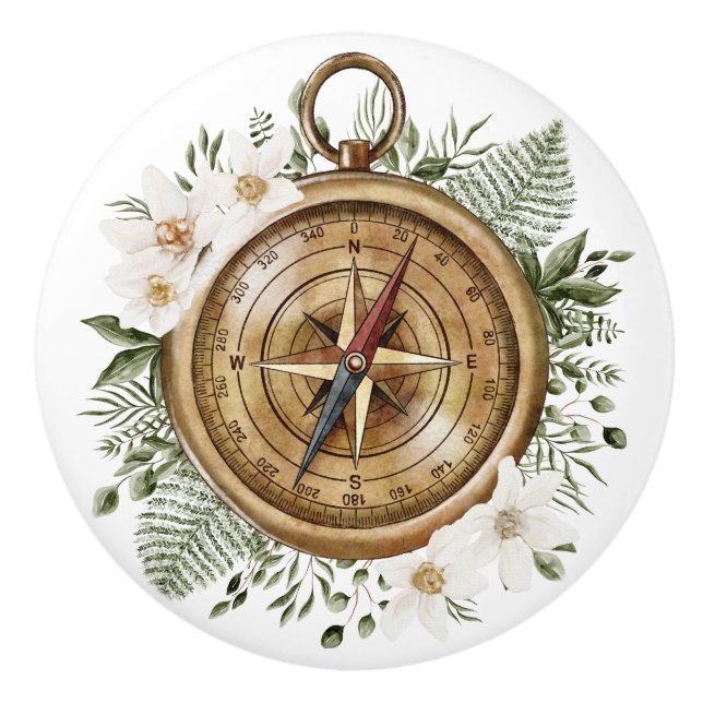 Bouton De Porte En Céramique Fleur d'aquarelle et boussole Feuille verte (Devant)