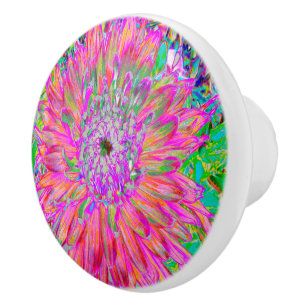 Bouton De Porte En Céramique Fleur de dahlia décorative abstraite arc-en-ciel c