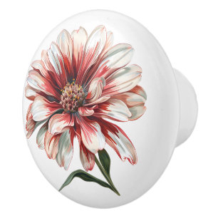 Bouton De Porte En Céramique Fleur De Faisceau En Blanc Rouge