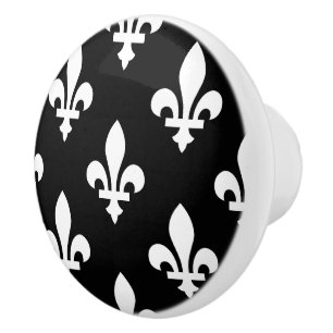 Bouton De Porte En Céramique Fleur de Lis Motif, Royal French, Blanc sur Noir